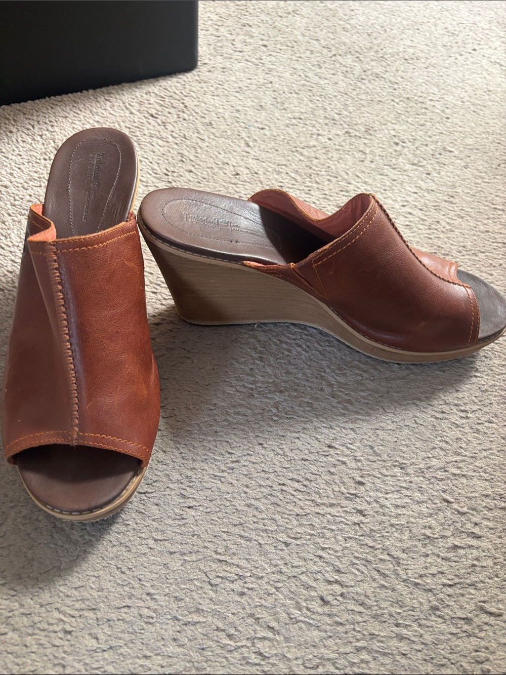 Timberland Chestnut Brown Leather Wedge Slide Mules